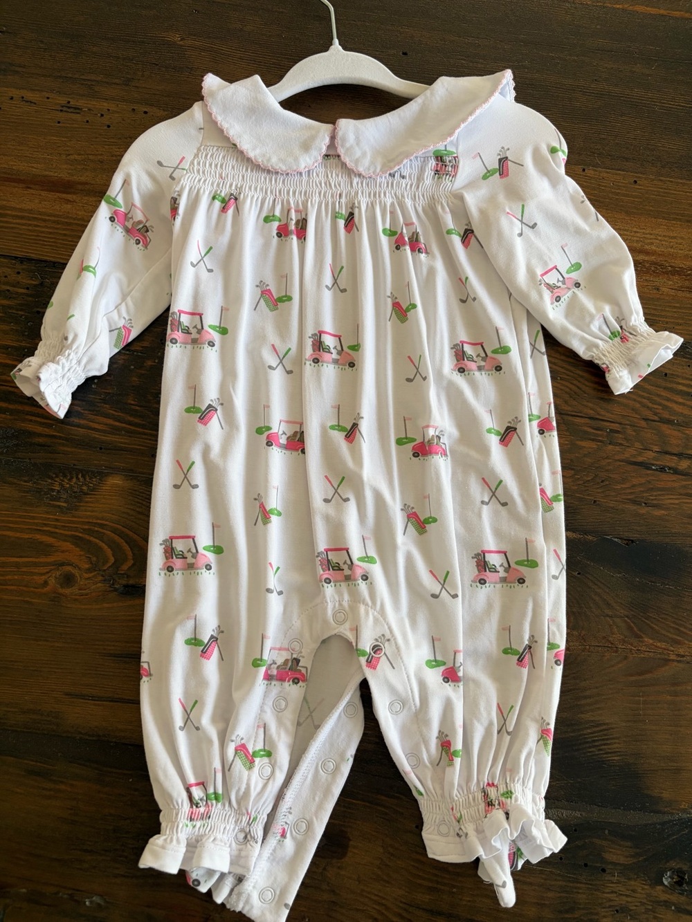 Angel Dear White Footie with Pink and Green Golf Cart Print